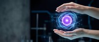 Human hands protecting glowing purple energy sphere with digital holographic effects in futuristic technology concept for innovation and protection.