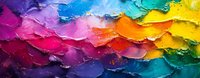 Vibrant rainbow colored oil paint texture with thick impasto brushstrokes creating dynamic waves and layers on canvas, showcasing rich spectrum of colors in abstract art.