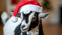 Adorable baby goat wearing red Santa hat for Christmas holiday celebration and festive seasonal greeting cards or winter farm animal decorations.
