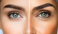 Before and after eyelash extension comparison showing natural and enhanced green eyes with perfectly groomed eyebrows on light skin tone female models.