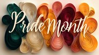 Colorful quilled paper lettering spelling Pride Month against light background, featuring curved strips in rainbow spectrum colors arranged in decorative pattern.