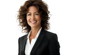 Confident businesswoman with curly brown hair wearing black blazer and white shirt smiling against white background. Perfect for corporate profiles and professional marketing.