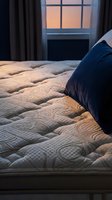 Cozy bedroom interior at sunset with quilted bedding, navy pillow, and window view. Warm golden light illuminates the bed for home decor and lifestyle design projects.