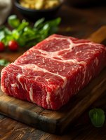 Raw beef steak on wooden cutting board with fresh herbs and cooking ingredients in rustic kitchen setting for culinary preparation and gourmet cooking.