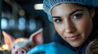 Young female veterinarian in surgical cap smiling while holding small pig in medical facility. Professional animal care and livestock health concept.