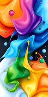Vibrant flowing liquid abstract with swirling rainbow colors and floating spheres on dark background creates dynamic motion effect for modern design projects.