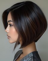 Side profile of young Asian woman with short dark brown graduated bob hairstyle wearing casual clothes against neutral background, modern trendy haircut.