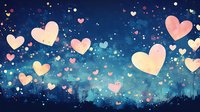 Dreamy night sky with glowing pink and peach hearts floating above silhouetted grass, stars twinkling against deep blue background. Romantic valentines atmosphere.