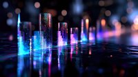 Futuristic cityscape with glowing neon skyscrapers reflected in water surface against dark background with bokeh lights creating modern cyberpunk atmosphere.