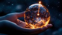 Glowing crystal sphere with network connections floating above open palm against starry space background for technology and innovation concepts.