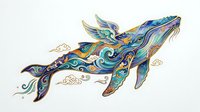 Colorful whale with ornamental patterns and swirling designs, isolated on white background, ready for clipart, t-shirt prints, and graphic design projects.