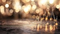 Glowing bokeh lights create magical reflections on wet surface with golden circles of light dancing in background, creating dreamy atmospheric scene.