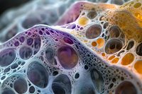 Colorful abstract macro photography of soap bubbles forming intricate patterns with purple, orange, and white tones creating organic cellular structures.