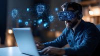 Young Caucasian male professional wearing VR headset working on laptop with digital holographic heads floating in dark office space, futuristic technology concept.