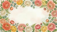 Watercolor floral frame with pink, coral, and yellow ranunculus blooms, green leaves, and berries on a soft pastel background with copy space.