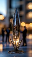 Modern illuminated art sculpture with glowing light effects and sparkles against blurred city background with bokeh lights and silhouettes of people walking.