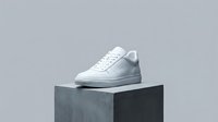 White and gray low-top sneaker displayed on geometric block pedestal against neutral background, suitable for footwear retail, e-commerce, and fashion marketing campaigns.
