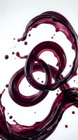 Dynamic burgundy liquid splash creating flowing ribbons and droplets on white background isolated for creative design projects and beverage advertising.