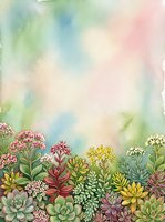 Watercolor succulent garden border with pastel sky background, colorful blooming plants, copy space for text, great for cards and prints.