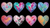 Colorful decorative heart collection isolated on transparent background, featuring floral, geometric, and mandala styles for stickers, T-shirts, and print on demand.