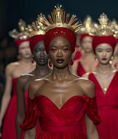 African American female model wearing luxurious red off-shoulder gown and ornate golden crown headpiece on runway, dramatic fashion show lighting creates ethereal atmosphere.