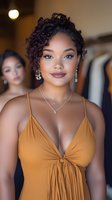 Young African American woman with curly hair wearing elegant mustard dress and jewelry at formal event or party with warm lighting.