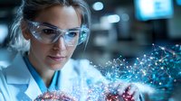 Young female scientist in lab coat and safety glasses examining holographic molecular structure visualization with glowing blue network connections in modern laboratory setting.