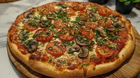 Homemade vegetarian pizza with fresh tomatoes, mushrooms and herbs on wooden board ready to serve for dinner or lunch meal.