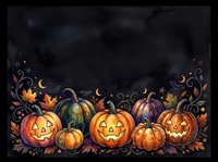 Carved jack-o-lantern pumpkins with autumn foliage and crescent moons on dark chalkboard background, suitable for seasonal greeting cards and fall decorations.