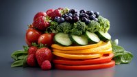 Colorful layers of fresh fruits and vegetables arranged in a vibrant stack with strawberries, blueberries, broccoli, cucumber, orange, and tomato slices on dark background.