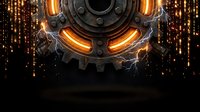Futuristic mechanical gear with glowing orange energy and electric sparks on dark background for sci-fi technology designs and digital art projects.