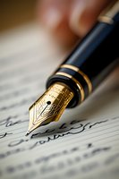 Elegant fountain pen with ornate gold nib writing on handwritten paper, macro shot with shallow depth of field capturing detailed craftsmanship and luxury details.