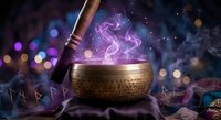 Mystical singing bowl with wooden mallet releasing purple magical energy smoke against starry cosmic background for meditation and spiritual healing practices.