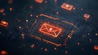 Glowing neon email envelope icon on circuit board with orange light effects, digital communication concept for technology and networking background.