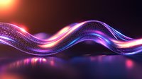 Glowing neon wave with sparkling particles flows on dark background creating dynamic motion effect in purple and blue colors with light reflections.