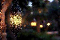 Glowing ornate lantern with intricate oriental pattern creates magical atmosphere in evening garden, with soft bokeh lights in background creating romantic ambiance.