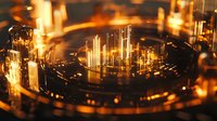 Glowing golden circuit board with futuristic microchip elements and light reflections creating abstract technological pattern in warm amber tones.