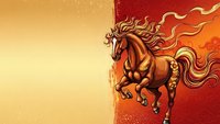 Majestic fire horse with flowing mane galloping on golden red gradient background for fantasy art projects and mythical creature designs.