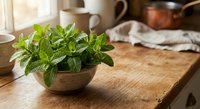 Fresh mint herb in a rustic ceramic bowl on a wooden kitchen table, with soft natural light and copper cookware in the background.