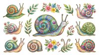 Colorful snails with ornate shells and floral accents, isolated on white background, perfect for clipart, textile design, children's illustrations, and decorative applications.