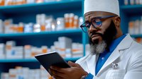 African American male pharmacist with beard and glasses checking digital tablet in pharmacy. Professional healthcare worker in white coat reviews medication.