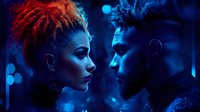 Young diverse couple in dramatic blue neon lighting, face to face in intimate moment. Woman with red hair and man with beard create sensual atmospheric portrait.