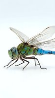 Blue and green dragonfly with transparent wings isolated on white background for nature and insect design projects.