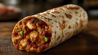 Grilled chicken burrito with melted cheese, fresh vegetables and spicy sauce wrapped in flour tortilla on wooden surface, close up view of Mexican food.