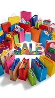 Colorful shopping bags arranged in a circle around a vibrant sale sign on white background, perfect for retail promotions and seasonal discount campaigns.