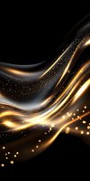 Luxurious golden waves flow with sparkling particles against black background, creating elegant abstract design with glowing light trails and bokeh effects.