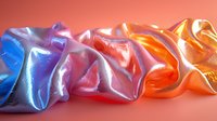 Holographic iridescent fabric with gradient color shift from blue to orange, flowing with soft folds and wrinkles creating dynamic light reflections.