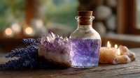 Purple amethyst crystal cluster and glass bottle with cork stopper alongside dried lavender sprigs and glowing candles on rustic wooden surface in spa setting.
