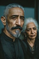 Mature Middle Eastern man with gray beard and woman in background, elderly couple portrait showing wisdom and life experience in warm indoor setting.