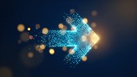 Digital arrow made of glowing particles and data points moving right, representing growth, progress, and forward direction in technology and business analytics.